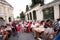 People eating `Iftar food` near the Eyup Sultan Mosque at Ramadan