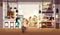 People eating lunch in cafe bar interior. Flat vector illustration