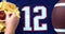 People eating organic nachos with mild salsa on a blue jersey with the number 12 and football