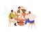 People eating pizza at table. Men friends having meal together in cafe. Happy guys meeting in pizzeria, sitting and