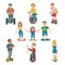 People on electric transport hoverboard segway vector set characters driving on gyroscooter and man balancing on