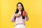 People emotions, healthy lifestyle and food concept. Friendly and cheerful smiling asian girl extend hand and give you