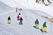 People enjoy ski and snowboard for winter holiday in Alps, Les Arcs 2000, Savoie, France, Europe