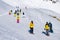 People enjoy ski and snowboard for winter holiday in Alps, Les Arcs 2000, Savoie, France, Europe