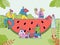 People enjoy summertime concept, tiny cartoon characters eat giant watermelon, vector illustration