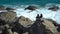 People enjoy the sun and waves on the coastal cliffs