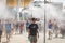 People enjoy vaporized water at Expo 2015 in Milan, Italy
