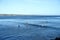 People enjoying a beautiful evening surfing in Monterey Bay, along the beachfront of Capitola, California, United States