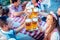 People enjoying food and drink in Bavarian beer garden