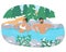People enjoying outdoor thermal spa water pool, flat vector illustration. Onsen, japanese natural hot springs resort.