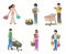 People enjoying shopping set vector flat illustration. Happy man and woman suffering shopaholism