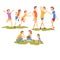 People Enjoying Summer Vacations Set, Happy Boys Having Fun Outdoors, Family Resting on Grass In Park Vector