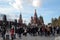 People enter Zaryadye park in Moscow. Moscow Kremlin is seen at background