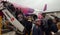 People entering the airplane of Wizzair Hungarian company