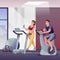 People exercising in fitness gym. Room with sport equipment for workouts vector illustration. Woman walking on treadmill