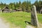 People explore reconstructed traditional Viking village in Kamroy, Norway.