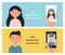 People Faces and Smartphone Screens. Face Recognition Technology Vector Illustation