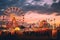 people on the fairground at sunset, colorful summer carnival at dusk, AI Generated