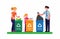 People or family put trash on garbage with sorting symbol of recycle plastic, organic and paper in cartoon flat illustration vecto