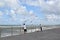 People feed seagulls on a promenade