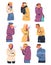 People feeling freeze wearing warm clothes set. Men and women trying to warm during winter or autumn season cartoon