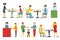 People in a flat interior. Pizza icons set. Cashier, Deliveryman, Customers, Bistro, Waiters, Delivery. Pizzeria