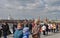 People on the floating bridge in Zaryadye Park admire the panorama of Moscow