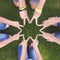 People forming star shape with their fingers. Children have combined hands together. Team work. Unity concept.