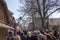 People in front of the entrance of the Auschwitz Nazi concentration camp and extermination camp