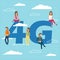 People with gadgets sitting on the big 4G symbol. Addicted to networks, people of young men and women using high speed wireless