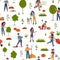 People gardening. Seamless pattern with farmers collecting seasonal ripe fruits and vegetables, harvesting using garden