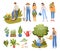 People gardening vector flat illustration. People watering plants and digging garden.