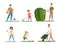 People gardenning. Characters outdoor cleaning grass with lawn mowing sitting with flowers loving nature exact vector