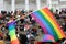 People are gathered on the steps of Helsinki Cathedral to wait for the Pride parade to start