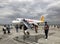 People getting off the Pegasus Airlines plane on the airport of Denizli in Turkey