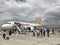 People getting off the Pegasus Airlines plane on the airport of Denizli in Turkey