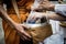 People give alms food and item offering to Buddhist monk