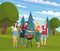 People grilling meat outdoor. Friends preparing steak for picnic. Cartoon characters on barbeque