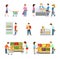 People in grocery shop flat icon set