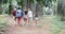 People Group With Backpacks Trekking On Forest Path, Back Rear View Young Men And Woman On Hike In Tropical Palm Tree