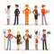 People group in different professions. Fireman, doctor and teacher. Builder, policeman and courier. Vector characters in