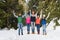 People Group Snow Forest Happy Smiling Young Friends Walking Outdoor Winter