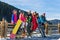 People Group With Snowboard Ski Resort Snow Winter Mountain Cheerful Friends Sitting On Wooden Hence Talking