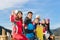 People Group With Snowboard And Ski Resort Snow Winter Mountain Cheerful Taking Selfie Photo