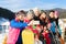 People Group With Snowboard And Ski Resort Snow Winter Mountain Cheerful Taking Selfie Photo