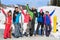 People Group With Snowboard And Ski Resort Snow Winter Mountain Cheerful Waving Hands