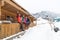 People Group Taking Selfie Photo On Smart Phone Terrace Wooden Country House Winter Snow Resort Cottage