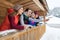 People Group Taking Selfie Photo Smart Phone Wooden Country House Terrace Winter Mountain Resort