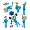 People in gym. Sport characters making cardio strength body pump exercises in fitness center vector illustrations