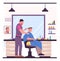 People in hair salon. Barber with customer. Hairdresser makes haircut. Client sitting on armchair. Haircutter trimming